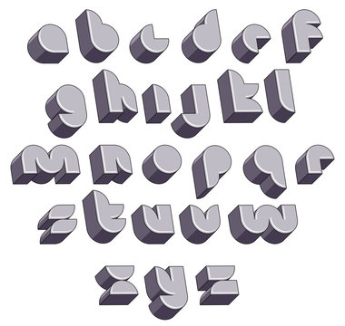 3d futuristic round font, dimensional alphabet.