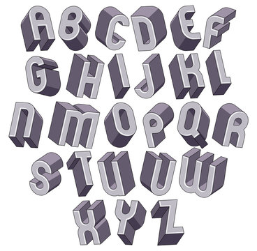 3d bold and big font, dimensional alphabet.