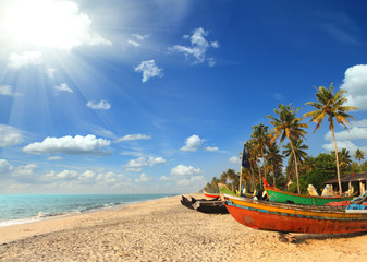 Wall Mural - old fishing boats on beach in india