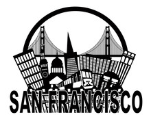 San Francisco Skyline Golden Gate Bridge Black And White Illustr