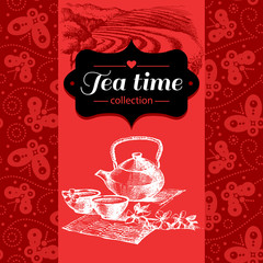 Tea vintage background. Hand drawn sketch illustration