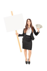 Sticker - Businesswoman holding money and a blank banner