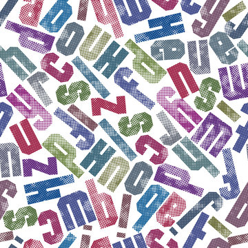 Seamless halftone print textured background, alphabet letters