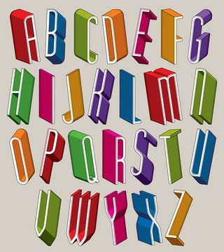 3d font, vector tall thin letters, dimensional alphabet