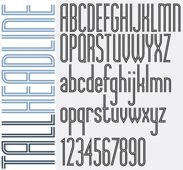 Poster - double lines tall headline light condensed retro style font.