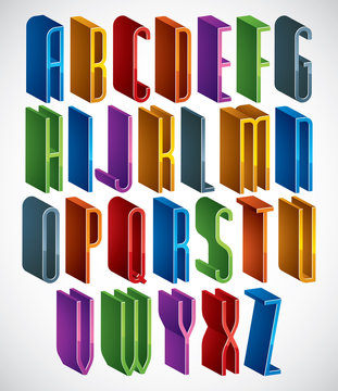 3d font, vector tall thin letters, geometric alphabet