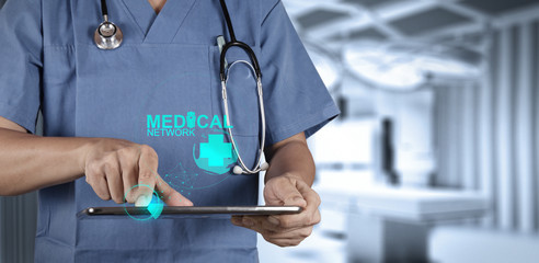 Medicine doctor hand working with modern computer interface