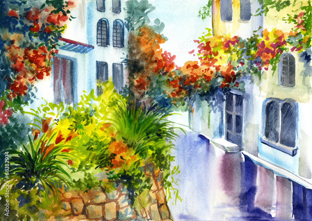 watercolor painting - flowers near the house - obrazy, fototapety, plakaty 