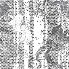 Monochrome seamless pattern with lilies. Hand-drawn floral backg