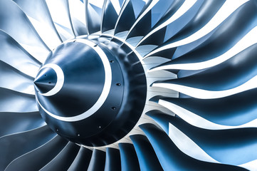blue toned jet engine blades closeup