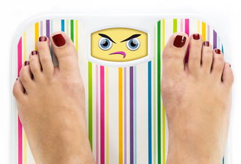 Wall Mural - Feet on bathroom scale with angry cute face on dial