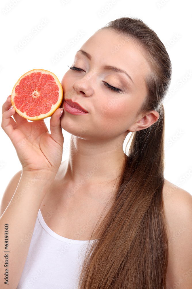 Beautiful girl with grapefruit, isolated on white