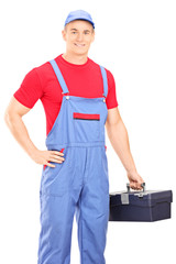 Sticker - Male mechanic holding a toolbox