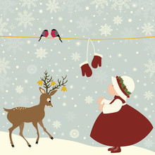 Christmas Greeting Card With Girl And Deer