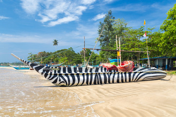  Traditional Sri Lankan fishing boat decorated with zebra style stripes on sandy beach