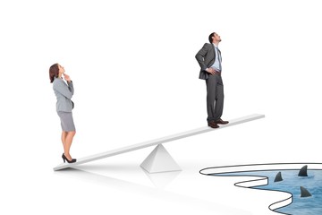 Poster - White scales measuring businessman and businesswoman