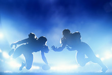 American Football Players In Game, Touchdown. Stadium Lights