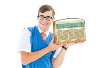 Poster - Geeky hipster listening to retro radio