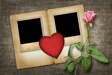 Two old-style photo  with red paper heart with pink rose