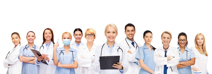 smiling female doctors and nurses with stethoscope