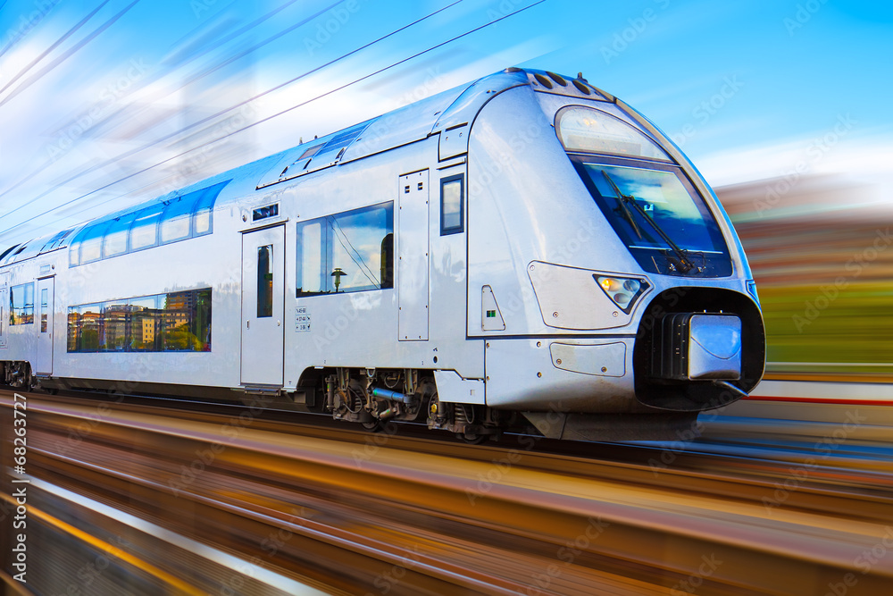 Modern high speed train with motion blur - obrazy, fototapety, plakaty 