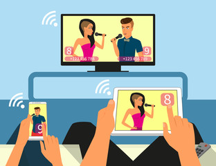 Multiscreen interaction. Man and woman are participating in TV