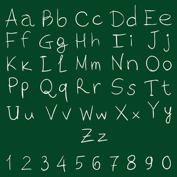 Vector Handwritten Alphabet with Numbers. Chalk on Blackboard