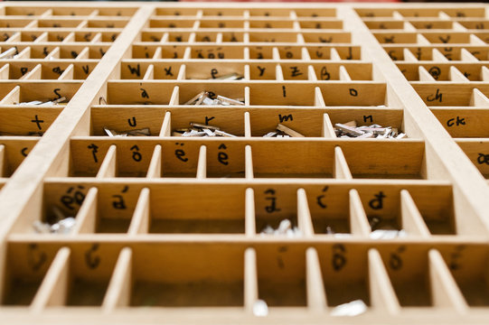 Box with letters for printing press