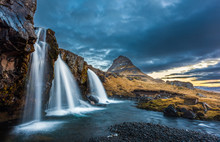 Waterfalls And Kirkjufell, Sunrise, Iceland