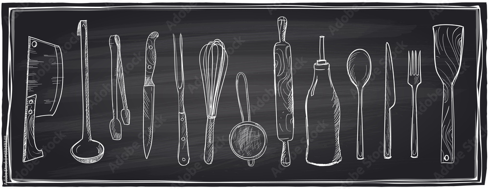 Hand drawn set of kitchen utensils on a chalkboard. - obrazy, fototapety, plakaty 