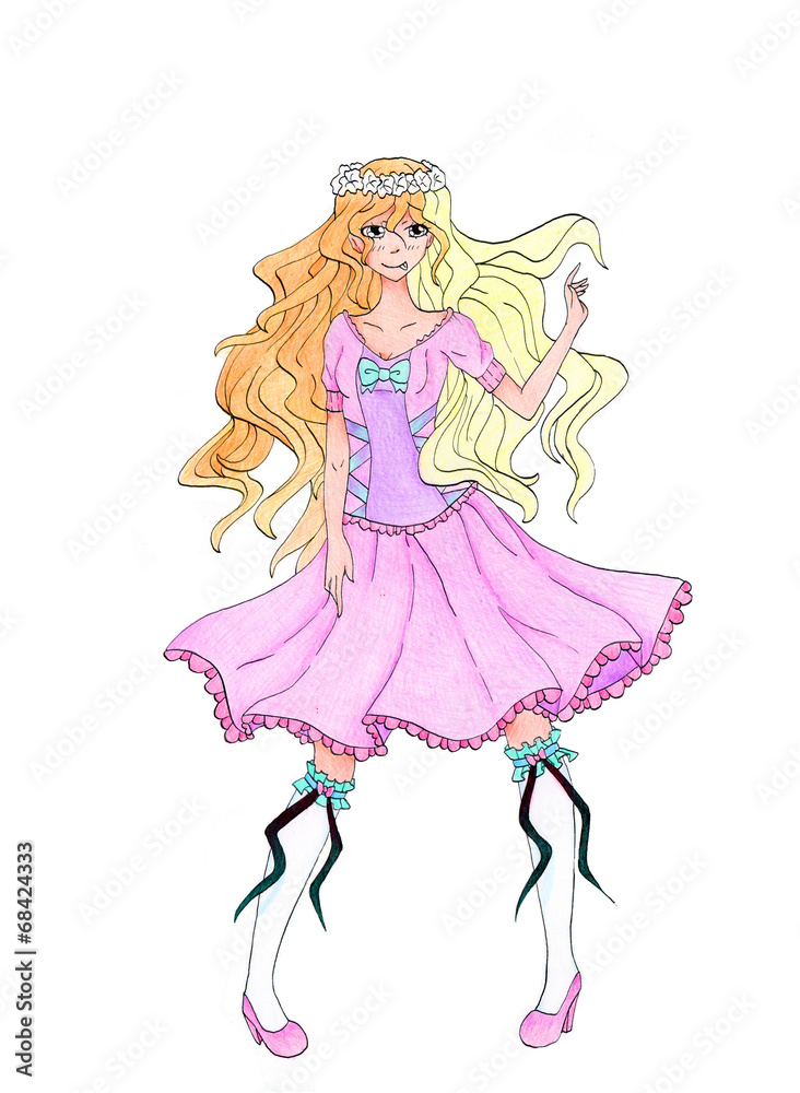 An anime style girl in a pink dress drawing Stock Illustration | Adobe Stock
