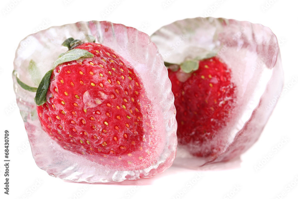 Ice cubes with strawberry isolated on white