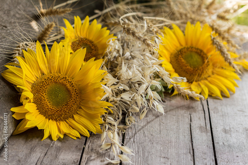 Naklejka na szybę Sunflower heads and ripe cereal ears on a wooden table