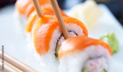 eating sushi with chopstricks panorama photo Poster Mural XXL