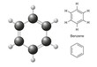 Structural chemical formulas and model of benzene molecule