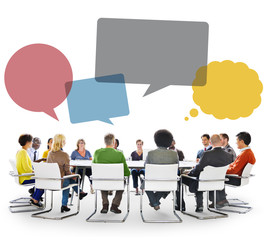 Fototapete - Group of People in Meeting with Speech Bubbles