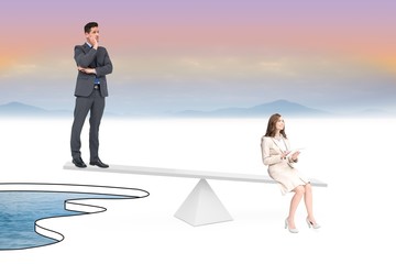 Poster - White scales weighing businessman and businesswoman