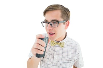 Poster - Geeky hipster speaking into dictaphone