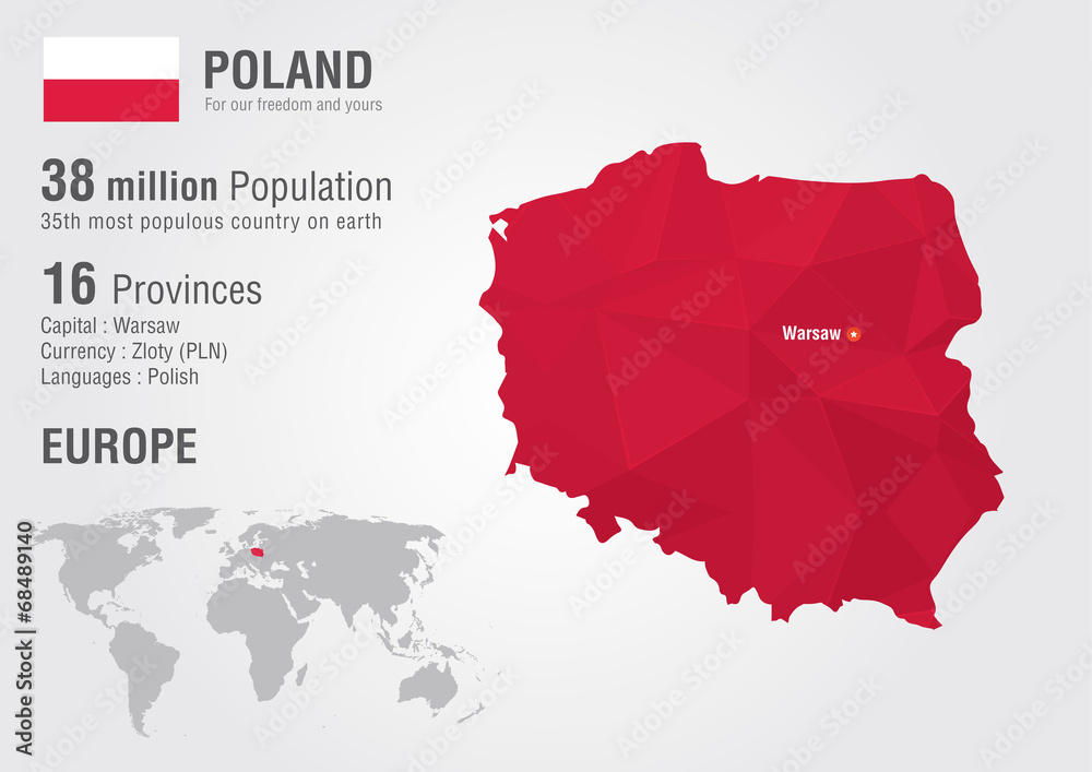 Poland world map with a pixel diamond texture. - obrazy, fototapety, plakaty 