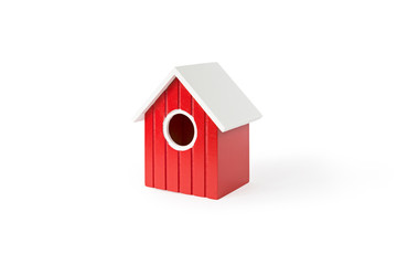 Wall Mural - front view on red nest box birdhouse house for birds isolated on