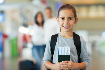 Wall Mural - little girl holding passport and boarding pass