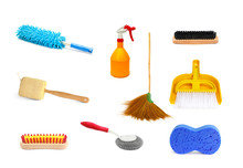 Collection Of Cleaning Products And Tools On White Background