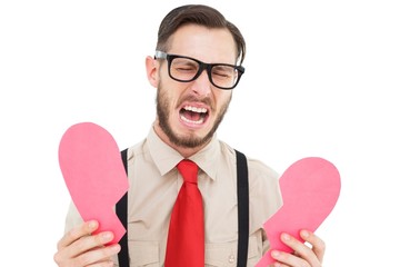 Poster - Geeky hipster crying and holding broken heart card