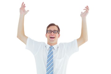 Poster - Geeky happy businessman with arms up