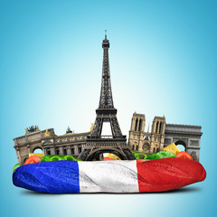 Wall Mural - Paris landmarks, French baguette sandwich, funny collage