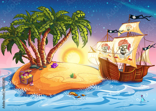 Fotografie, Obraz Illustration of treasure island and pirate ship