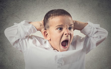 Portrait Headshot Angry Boy Screaming, Grey Wall Background