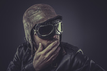 Jacket, Pilot Dressed In Vintage Style Leather Cap And Goggles