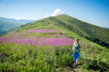 Wall Mural - young woman hiking in the mountains