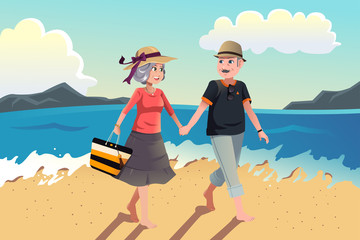 senior couple walking on the beach